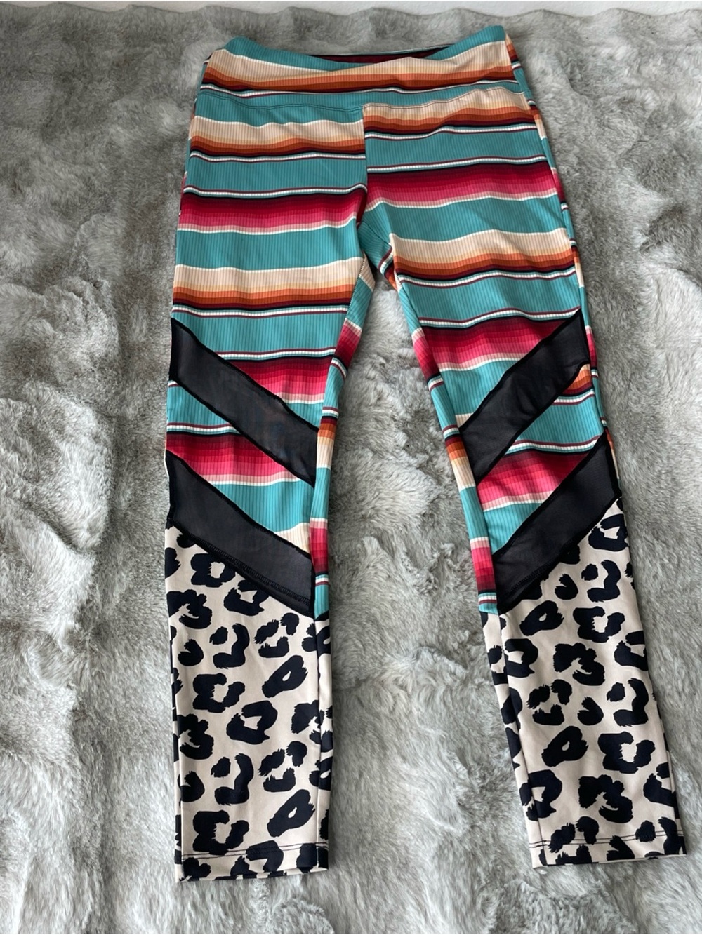Crazy Train Turquoise, Pink & Cream Stripe + Leopard Panel Leggings-0337